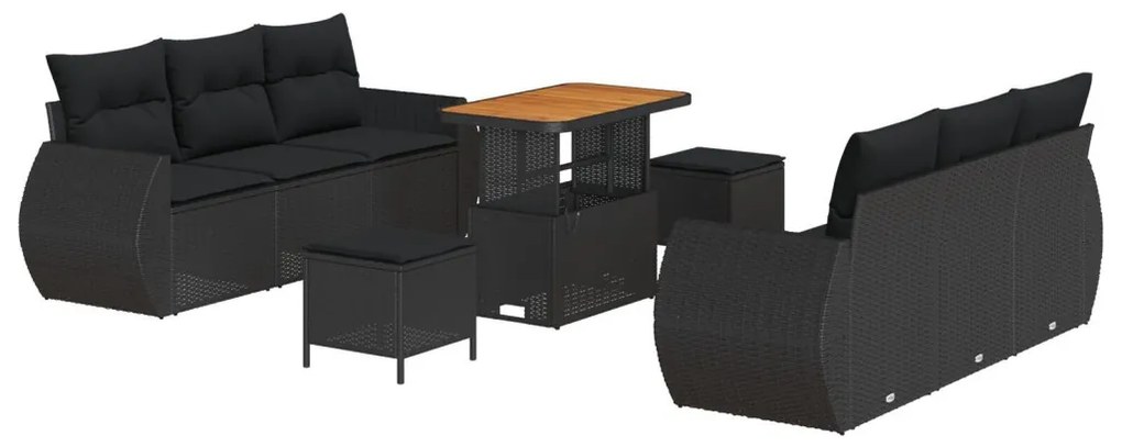 9 részes kerti kanapé párnákkal fekete poli rattan akáccal, 3 részes kerti étkező szett párnákkal fekete poli rattan akáccal