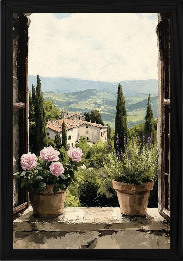 Poszter Keret Fa Ablak Olaszország Toszkána Virágok Rózsák Levendula 40x60