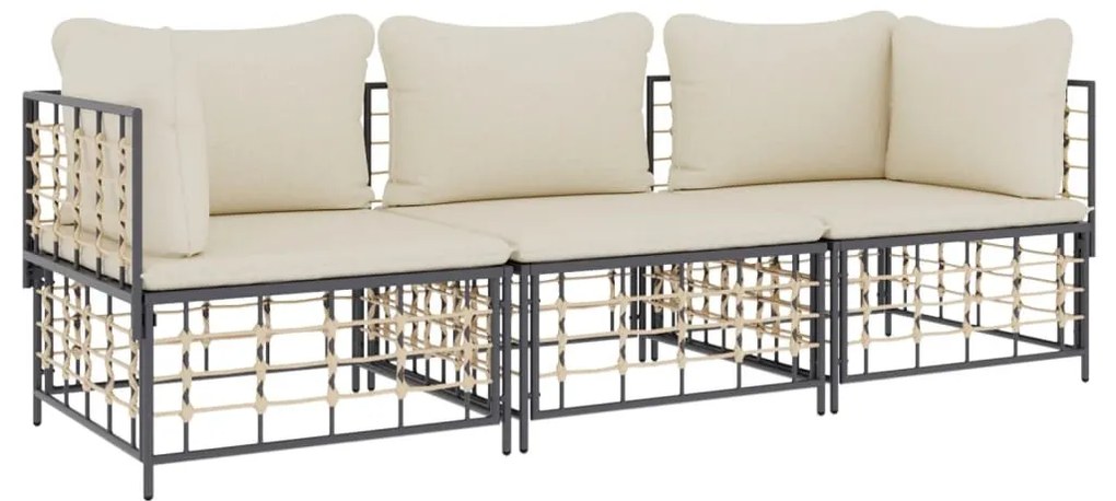3 részes antracitszürke polyrattan kerti ülőgarnitúra párnákkal