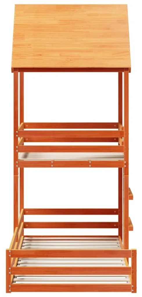 viaszbarna tömör fenyőfa ágy emelettel és tetővel 90 x 200 cm