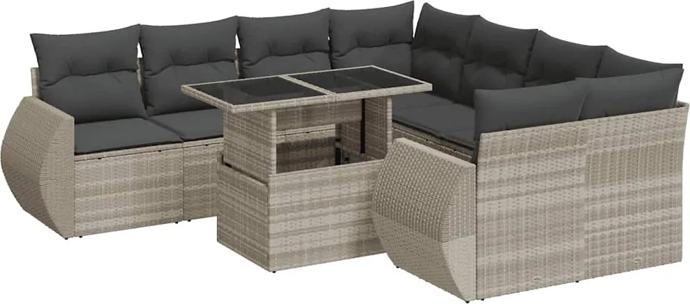 vidaXL 9 részes világosszürke polyrattan kerti ülőgarnitúra párnával