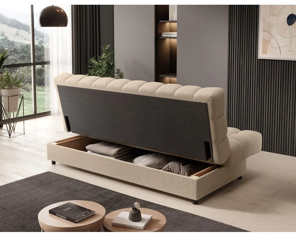 Bézs buklé kinyitható-tárolóhelyes kanapé 197 cm Clareta – ELTAP