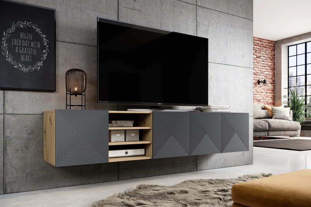 Asha fali fülkés bordázott frontos TV szekrény 200 cm - artisan tölgy / rivier stone matt