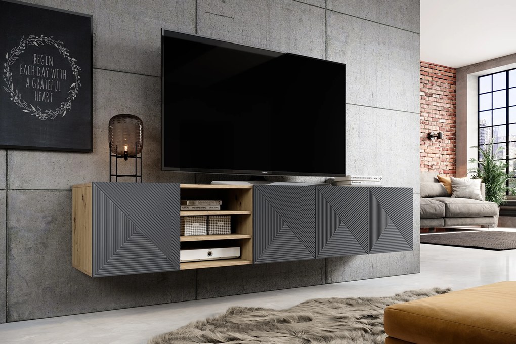 Asha függesztett TV szekrény 200 cm riflázott frontokkal, nyitott fülkével – artisan tölgy / rivier stone matt
