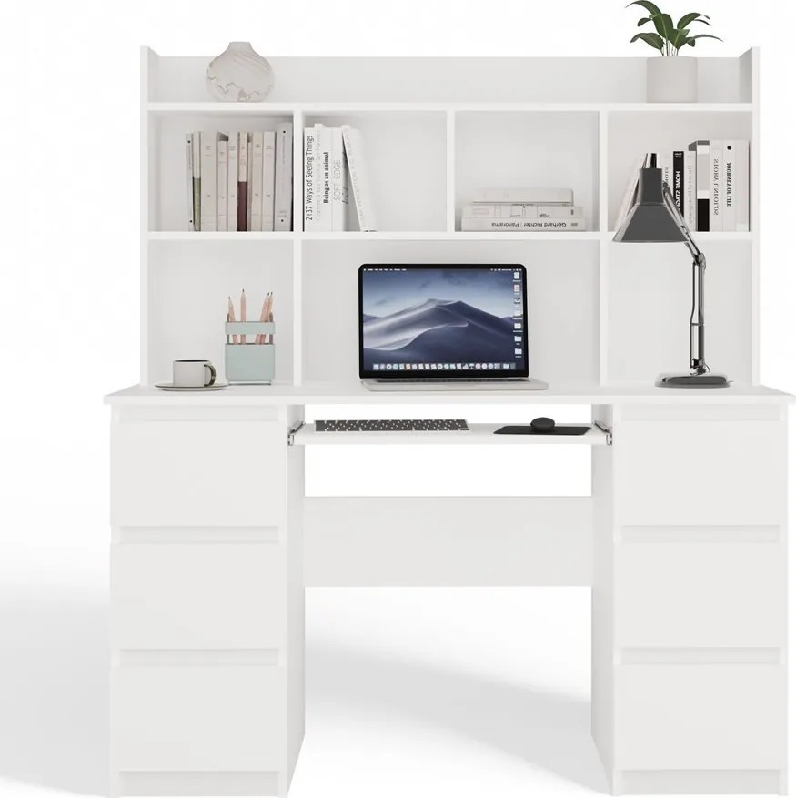 KUBA íróasztal 130x51x146 cm, felső polccal, fehér