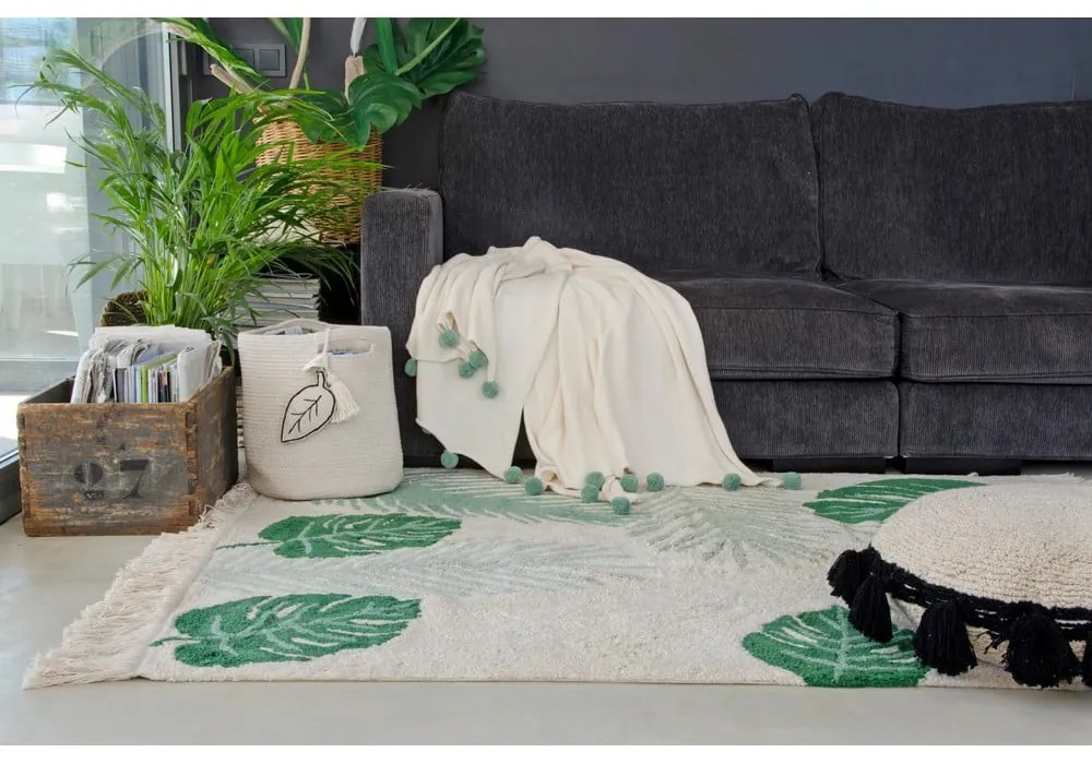 Zöld-krémszínű mosható kézi szövésű pamut gyerek szőnyeg 140x200 cm Tropical Green – Lorena Canals