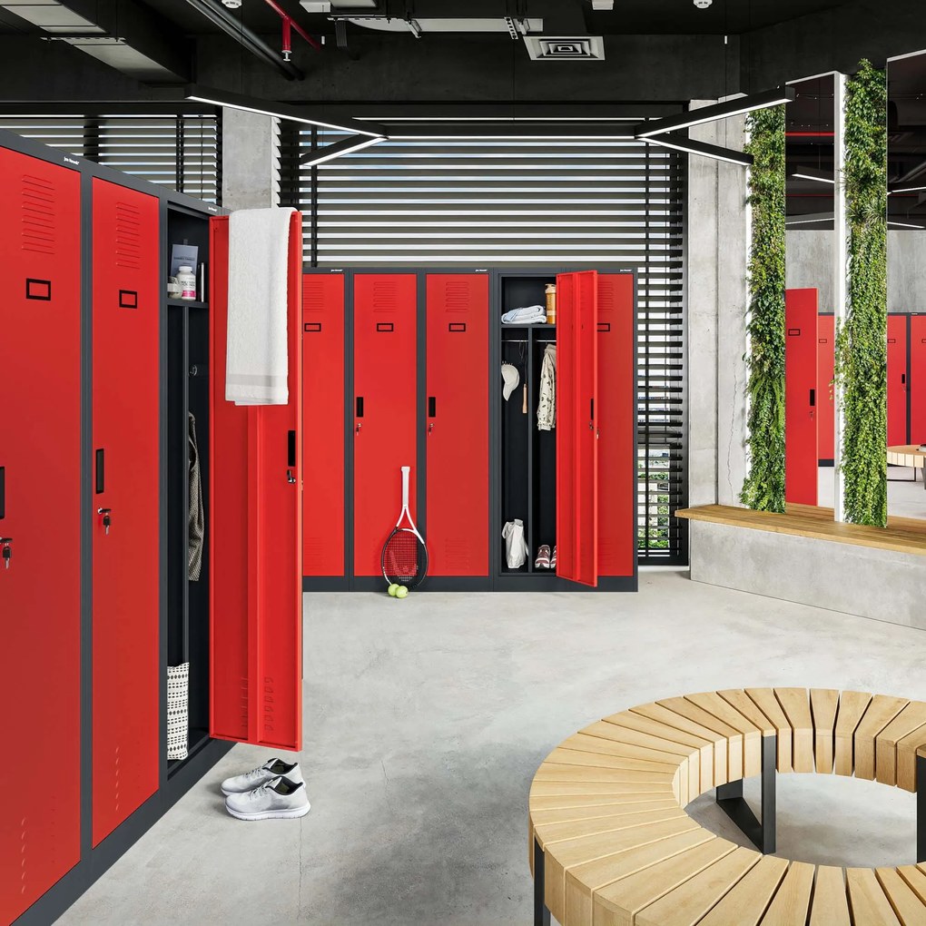 Pléh öltözőszekrény talpazaton, kétmodulos, polccal és köztes fallal KACPER, 800 x 1800 x 500 mm, antracit-piros