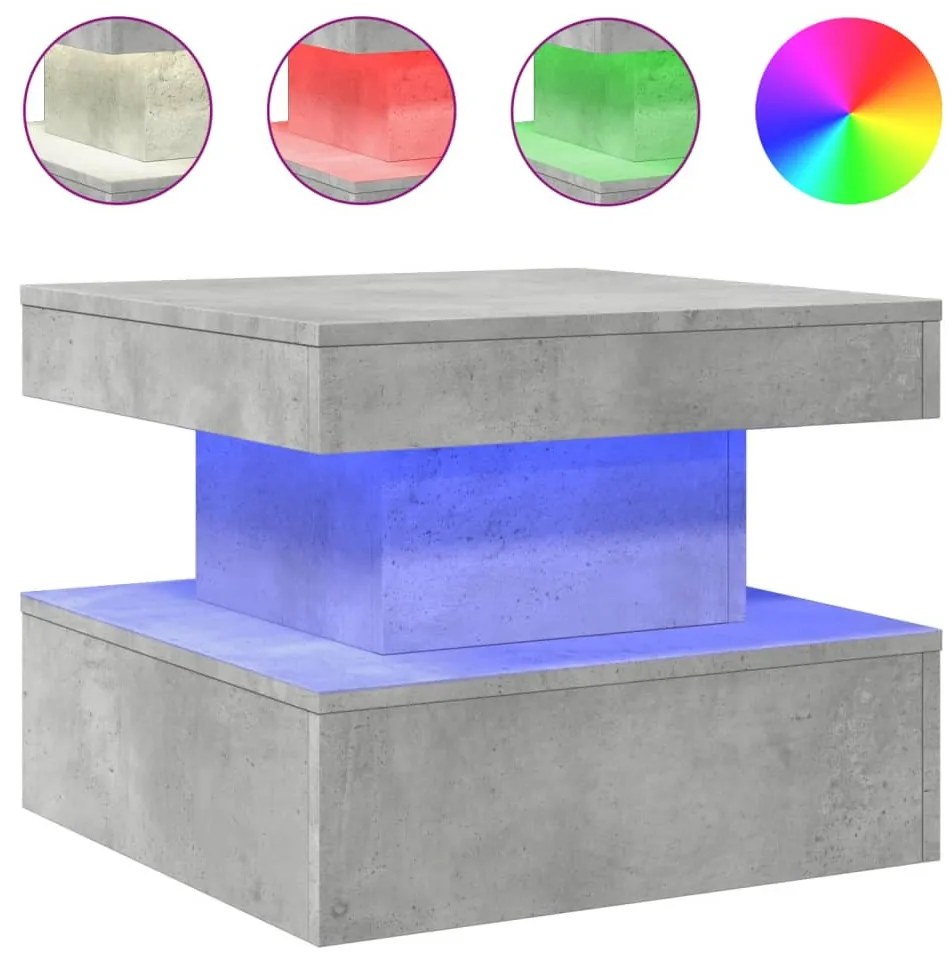 Betonszürke dohányzóasztal LED-lámpákkal 50 x 50 x 40 cm