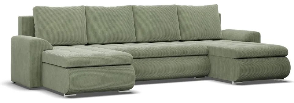 Tokio U alakú sarokkanapé, 3 ágyneműtartóval, kordbársony, univerzális oldal, zöld