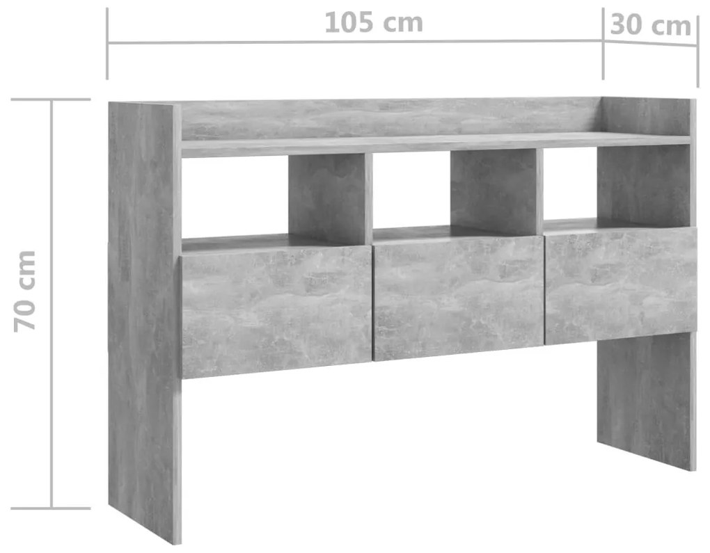 betonszürke szerelt fa tálalószekrény 105 x 30 x 70 cm