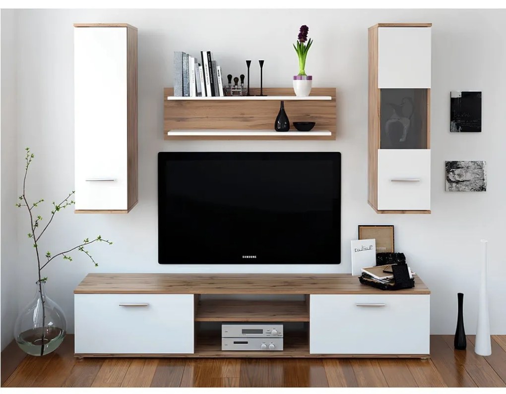 Nappali szekrénysor, tölgyfa wotan/fehér, WAW NEW