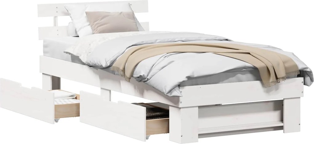 vidaXL Ágykeret fejtámlával fiókkal Fehér 90 x 200 cm Tömör fenyőfa