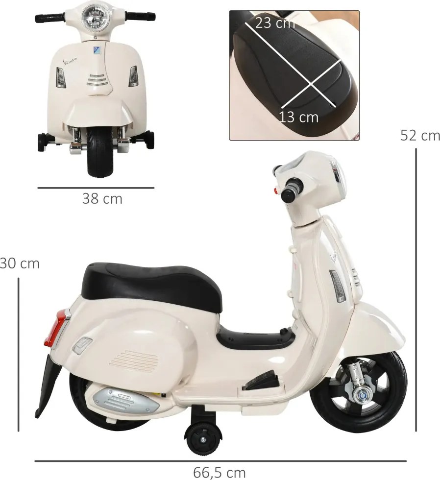 HOMCOM Elektromos gyerekmotor vespa, LED fénnyel, hanggal, 18-36 hónapos korú, fehér