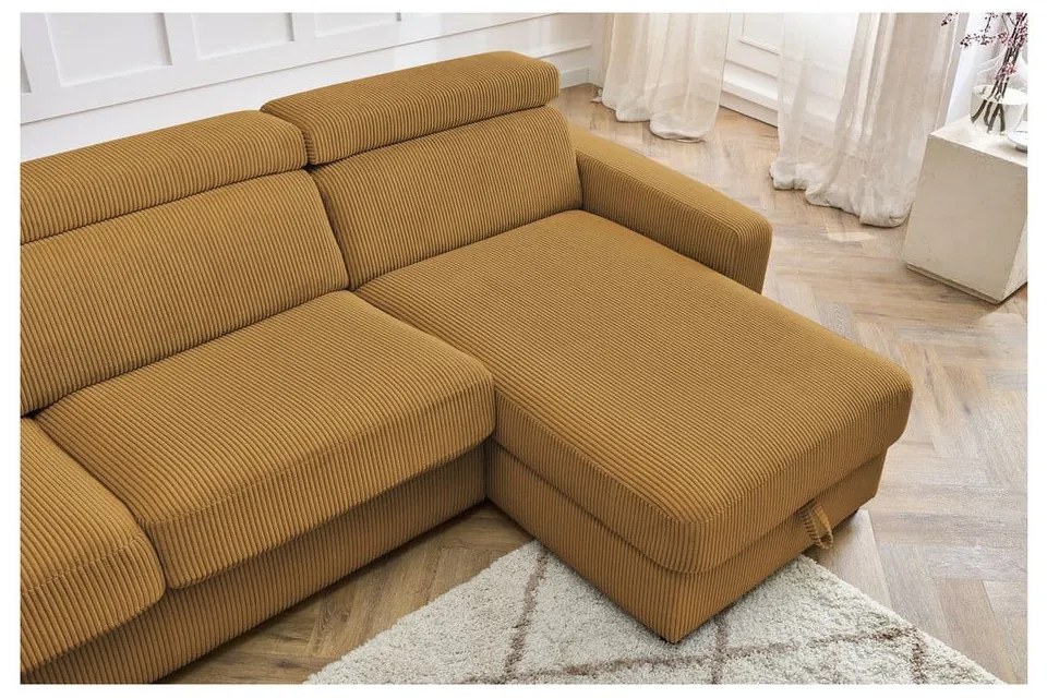 Mustársárga kordbársony kinyitható sarokkanapé (variálható) Monaco – Bobochic Paris