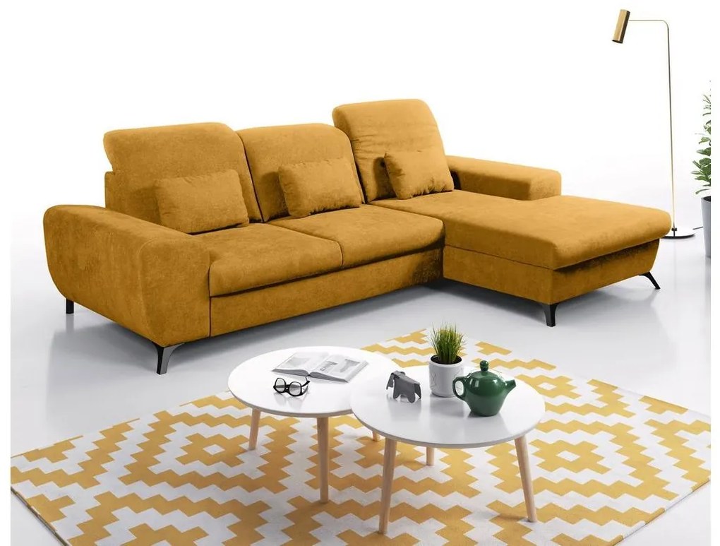 ALTA jobb oldali, kihúzható, kárpitozott L alakú sarokülőgarnitúra tárolórekesszel, sárga