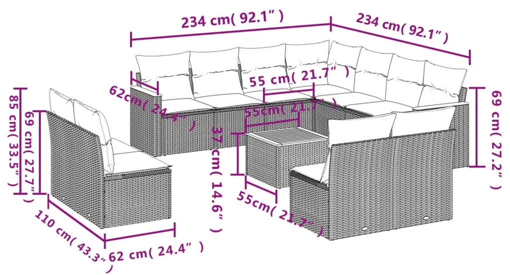 vidaXL 12 részes vegyes bézs polyrattan kerti ülőgarnitúra párnákkal