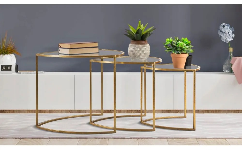 Aranyszínű kerek dohányzóasztal szett üveg asztallappal, 3 db-os ø 60 cm Triangle – Mauro Ferretti