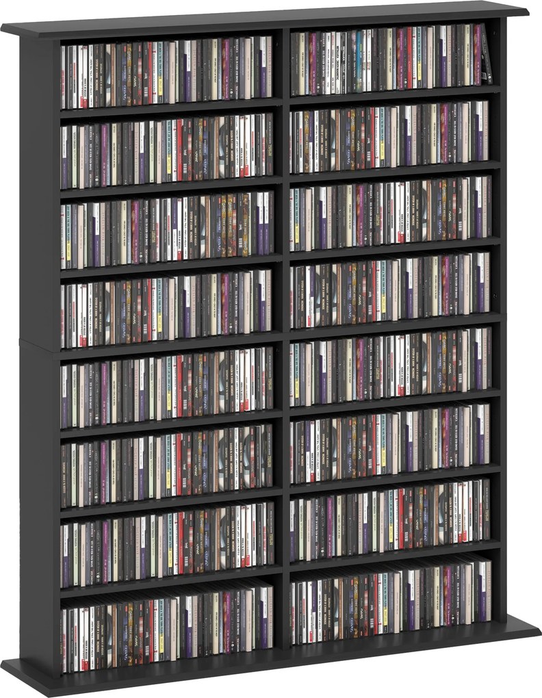 HOMCOM 16-polcos Modern Tervezésű Könyvespolc 720 CD számára, Forgácslap CD Tartó, 106,5x24x123,7 cm, Fekete | Aosom