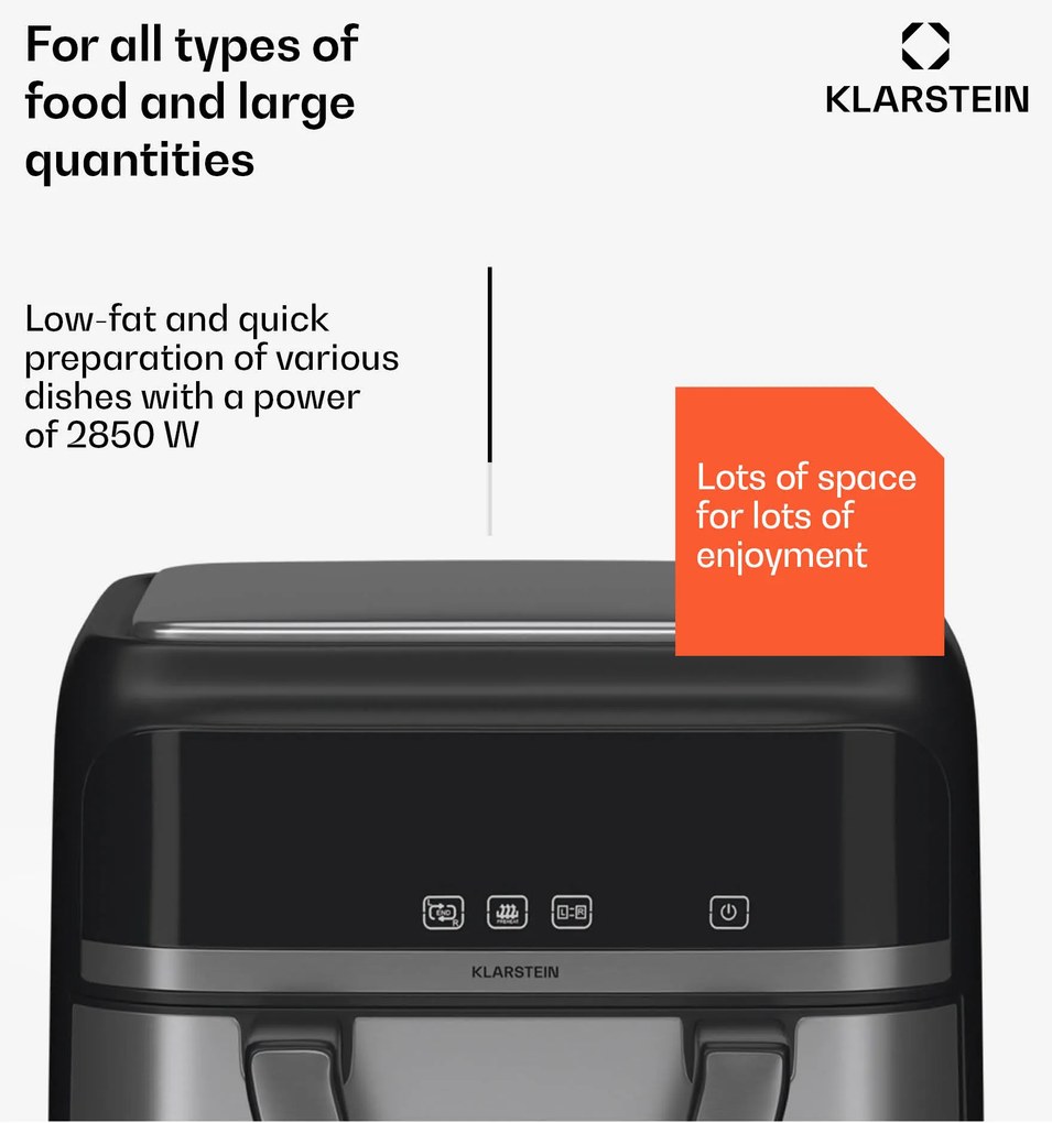 Klarstein VitaFry Duo Elegance, forrólevegős fritőz, 2850 W, 9 l, 2 főzőzóna, 6 program