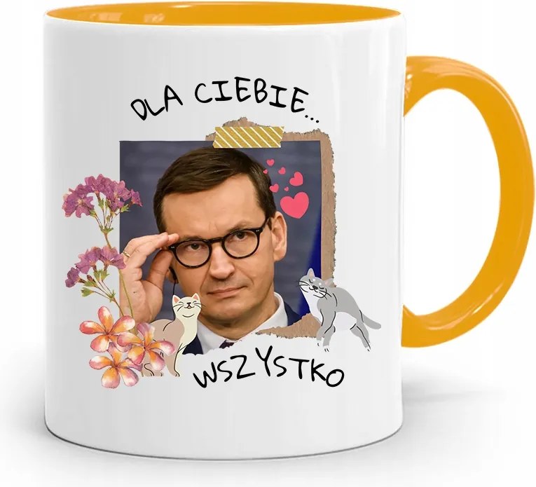 Sárga Politikus Bögre Mateusz Morawiecki Miniszterelnök fényképes nyomtatással