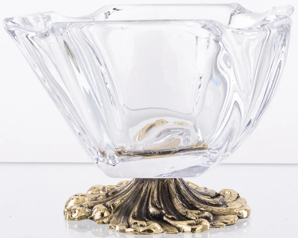 Vastag üvegtálka bonbonier masszív míves sárgaréz talppal 9x12,5x11,5cm