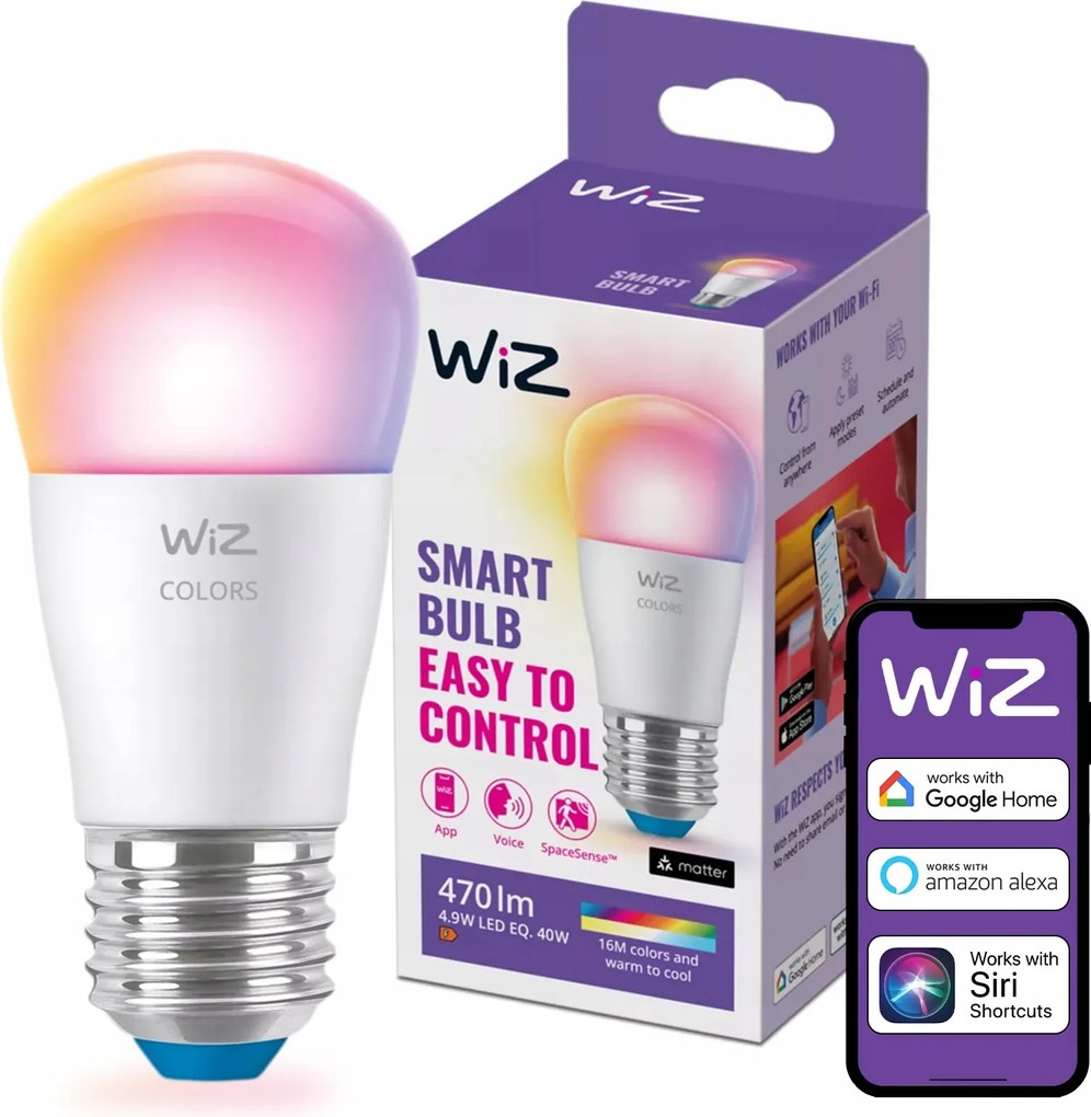 Led izzó E27 Golyó 4,9W 40W 2200-6500K Rgb Smart WiFi WiZ alkalmazás