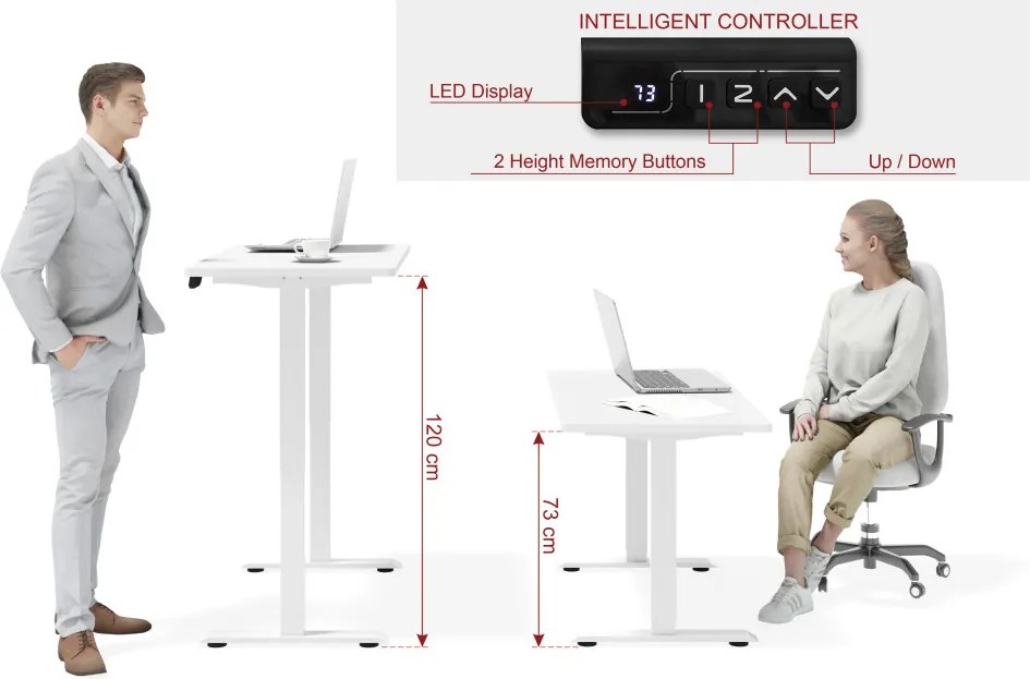 BIMotion iroda-/gamerasztal, elektromosan állítható magassággal, intelligens vezérlővel, matt fehér színben 120x65