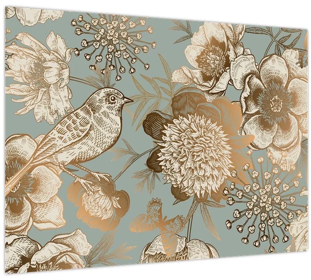 Üveg kép - Kert egy madárral (70x50 cm)