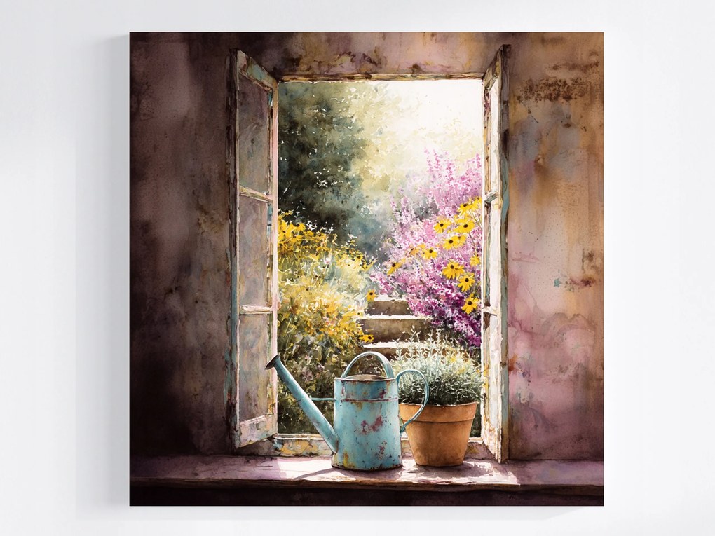 Vászonkép Canvas Kilátás Ablak Kert Színes Virágok Tavasz Nyár 80x80