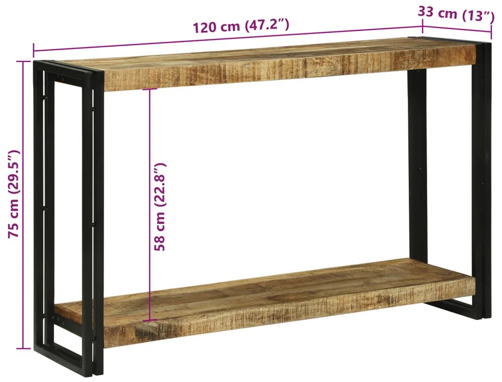 Konzolasztal 120x33x75 cm Tömör Durva Mangófából