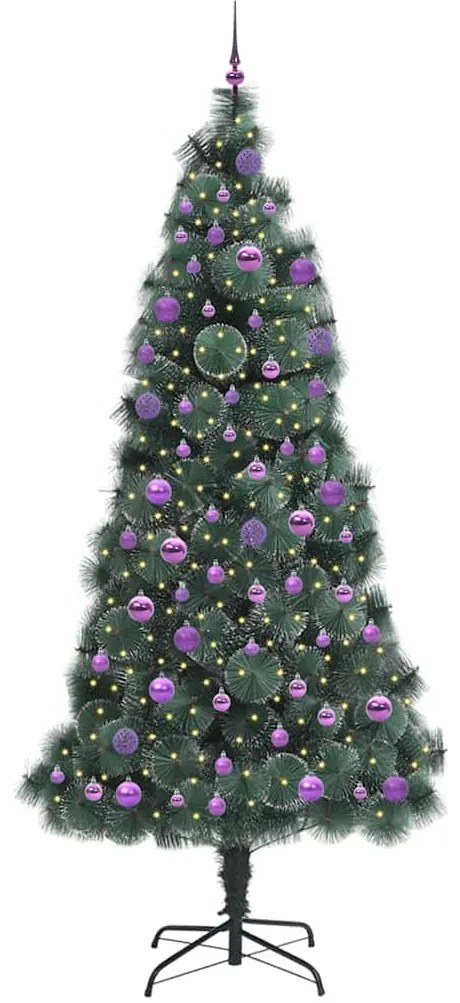 Műfenyő LED világítással, gömbökkel 300 LED-del Zöld 240 cm PET