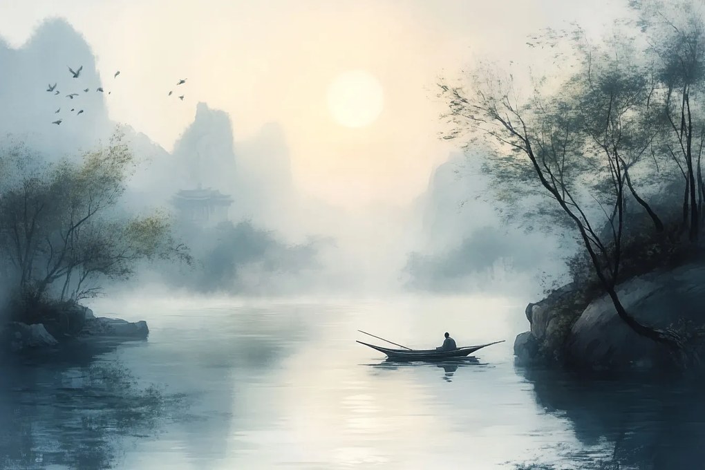 Fotótapéta Flizelina Kína Ázsia Tó Halász Csónak Köd 416x290 ragasztó