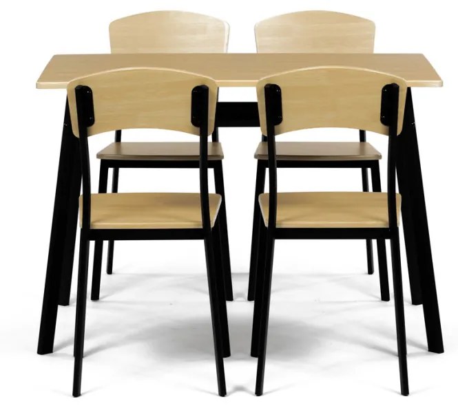 Set de sufragerie Masă cu Patru Scaune, MDF, decor Stejar Natural, cadru metalic negru