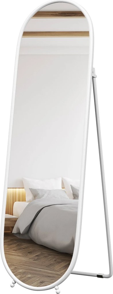HOMCOM Teljes Test Tükör, 160 x 40 cm Fali Tükör Állvánnyal, Fém Váz, Ovális Padlótükör Nappalihoz és Hálószobához, Fehér | Aosom
