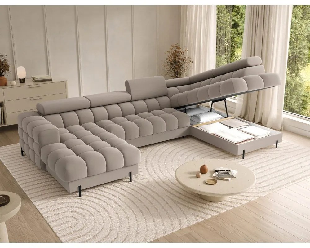 Világosbarna bársony kinyitható sarokkanapé (jobb oldali-U alakú) Feraria – ELTAP