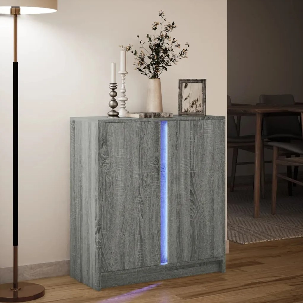 szürke sonoma szerelt fa tálalószekrény LED-del 77 x 34 x 85 cm