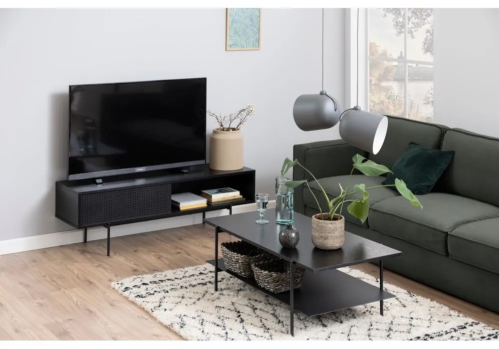 Fekete TV-állvány kőrisfa dekorral 140x45 cm Angus – Actona
