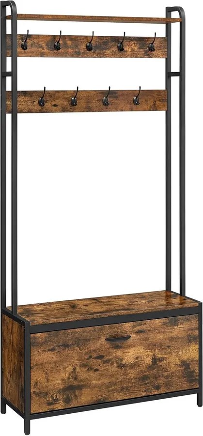 Fogas cipőtárolóval, előszobafal padokkal, 85x30x180cm, rusztikus barna és fekete