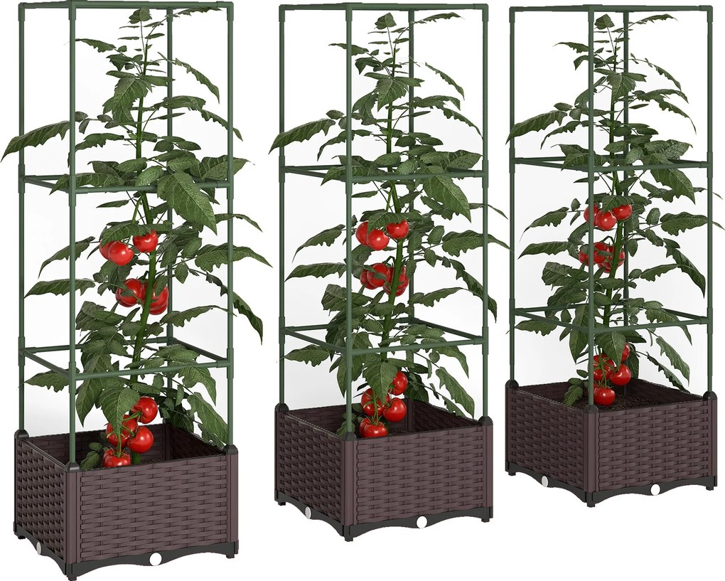 Outsunny emelt ágyás támaszráccsal — 3 részes virágláda szett, lefolyónyílásokkal, zöld/sötétbarna, 40 x 40 x 125 cm | Aosom