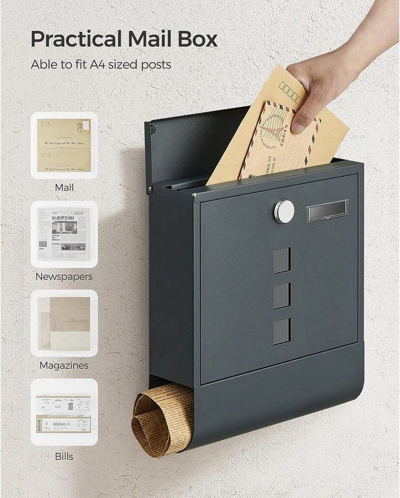 Postaláda újságtartóval, névtáblával 30,5x9,5x33 cm, antracitszürke