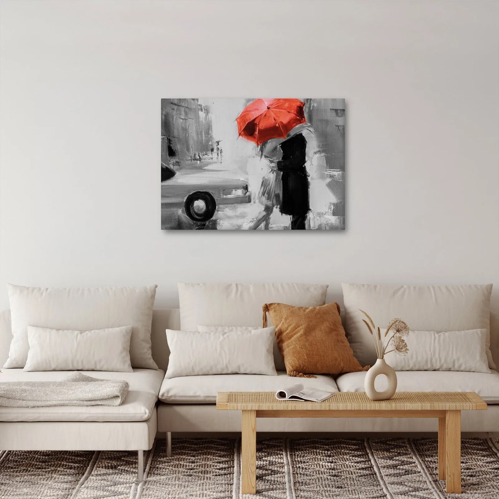 Kép - Szerelmespár egy esernyő alatt, piros (70x50 cm)