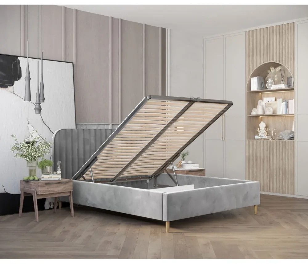 Szürke kárpitozott ágyneműtartós egyszemélyes ágy ágyráccsal 120x200 cm Noto – Maison de Rêve