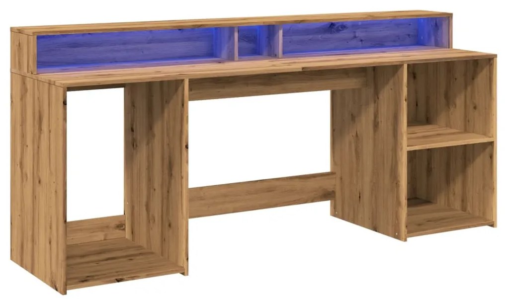 kézműves tölgy színű szerelt fa LED-es íróasztal 200x55x91 cm