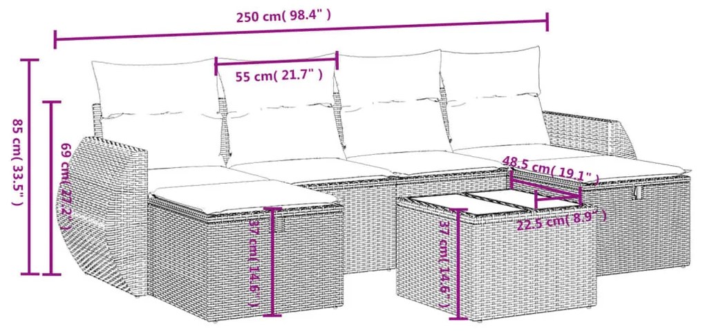 6 részes világosszürke polyrattan kerti ülőgarnitúra párnákkal