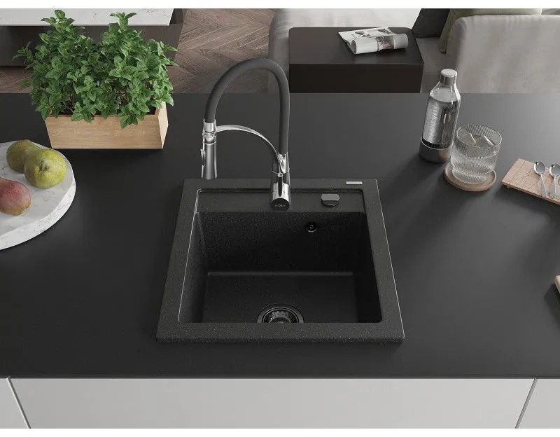 Mexen Vito, 1 kamrás gránit mosogató 490x520x210 mm és Aster mosogató csaptelep, fekete-ezüst metál, 6503-73-73450-07-B