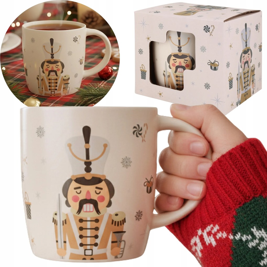 Krémszínű, Karácsonyi porcelán bögre, diótörő motívum 365ml