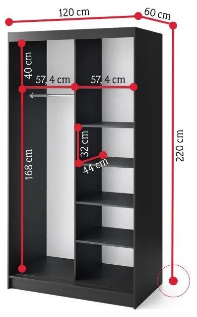 MARHY 2 tolóajtós ruhásszekrény, 120x220x60, tölgy karamell