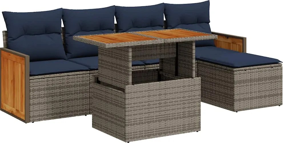 vidaXL 6 részes szürke polyrattan akácfa kerti ülőgarnitúra párnákkal