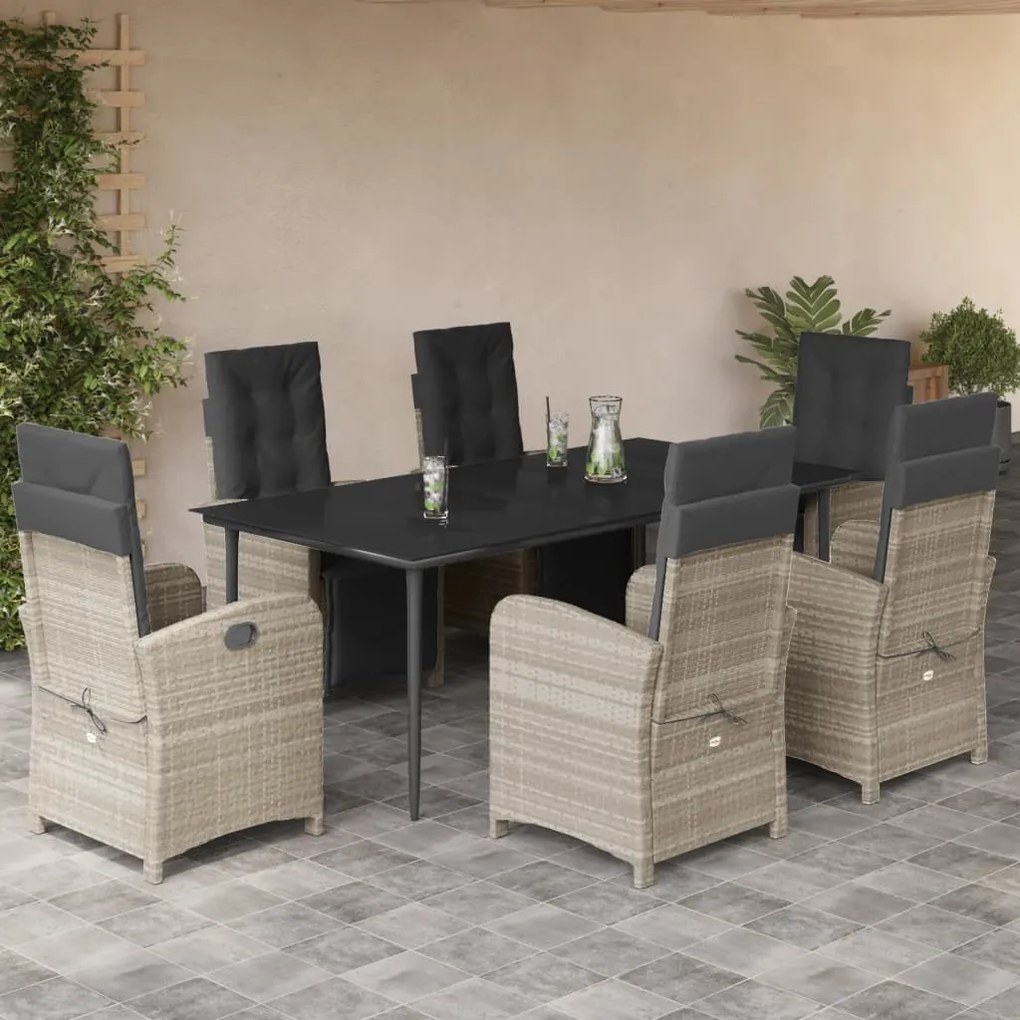 7 részes világosszürke polyrattan kerti étkezőszett párnával