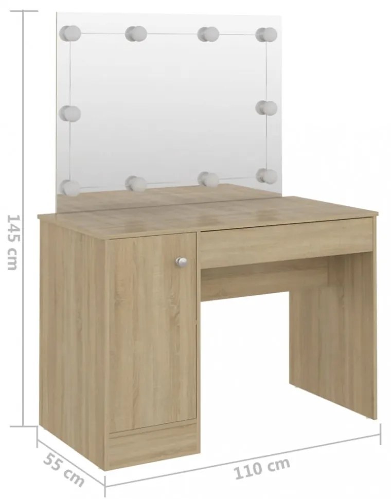 tölgyszínű LED-es MDF sminkasztal 110 x 55 x 145 cm